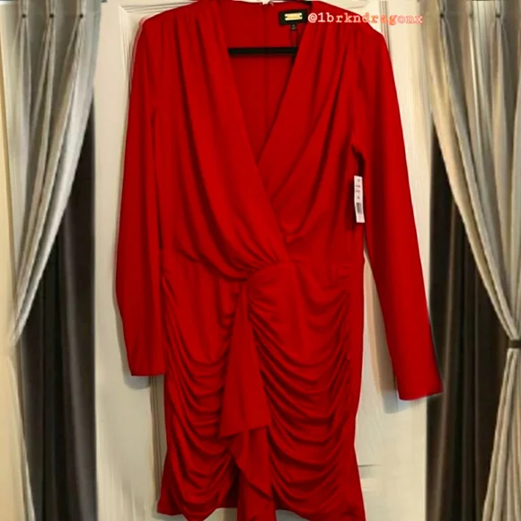 NWT Rose Red Ruched Long Sleeve Dress Red Mini Cocktail Party Evening Ruffle - Picture 7 of 15